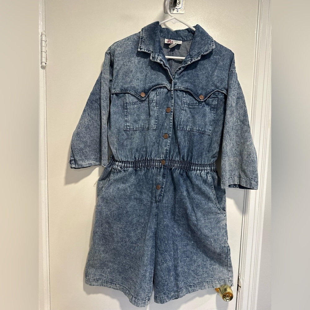 VTG 80s Denim Sz:L Acid Wash One Piece Shorts Jumpsuit Rockabilly utility-style